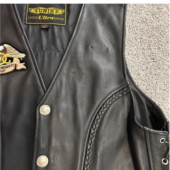 Unik Black Leather Vest with Lace-Up Sides, Braided Leather, HOG Patches LARGE - Picture 13 of 15
